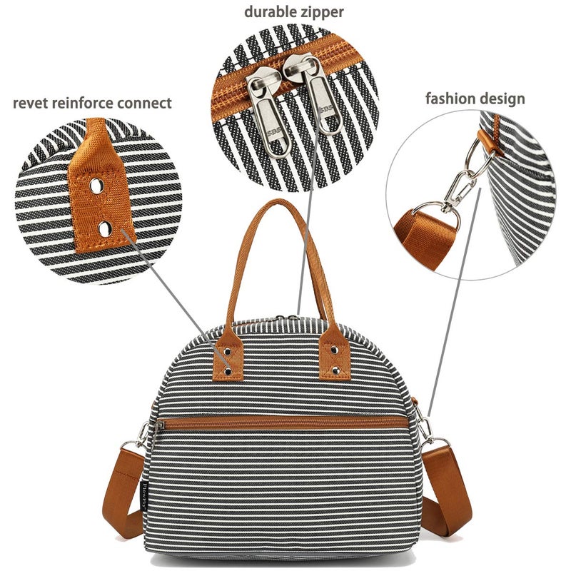 FlowFly Insulated Lunch Bag With Shoulder Strap for Women, Men, and Kids, Large and Reusable, Handle, Freezable Work and School Travel Tote and Meal Prep Organizer,White and Black Stripes - Image 5